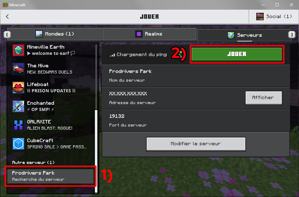 Menu des serveurs de Minecraft avec serveur ajouté