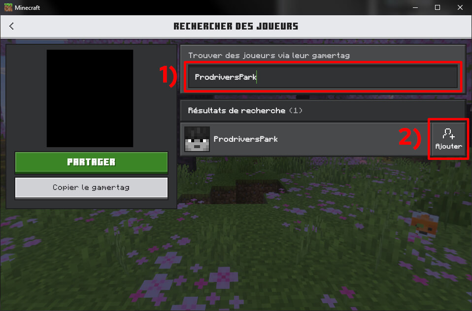 Menu de recherche de gamertag de Minecraft