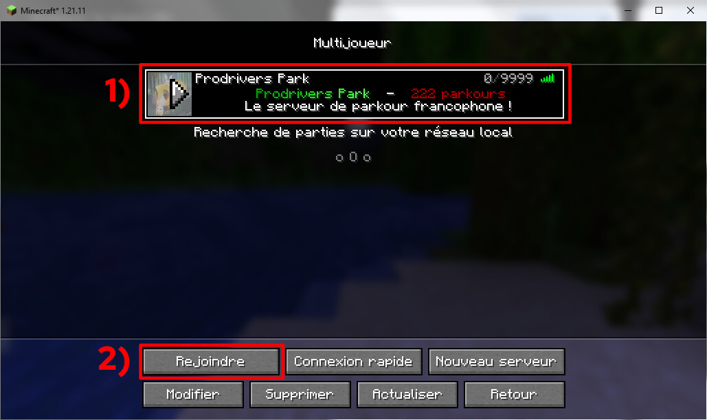 Menu multijoueur de Minecraft avec serveur ajouté
